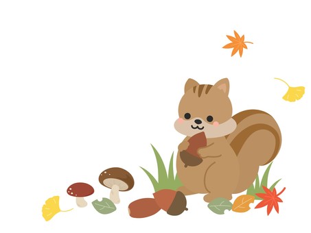りすと紅葉の秋のイラスト りす,秋,どんぐり,かわいい,紅葉,もみじ,いちょう,銀杏,きのこ,モチーフのイラスト素材