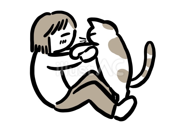 猫と見つめ合う人　セピア 猫,戯れる,リラックスのイラスト素材
