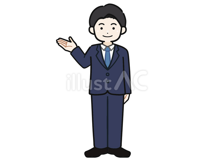 手を上げて説明するスーツ男性1 説明,案内,紹介のイラスト素材