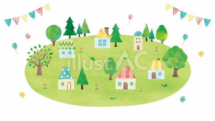 水彩の草原とかわいい家の丸い景色 家,水彩,風景のイラスト素材