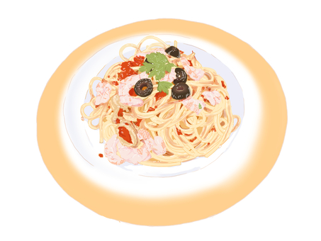 海老とトマトのパスタ　デフォルメ パスタ,スパゲッティ,海老,オリーブ,洋食,料理,食べ物,生パスタ,クリームパスタ,麺のイラスト素材