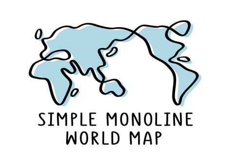 一筆書き風のシンプルな世界地図  世界地図,手書き,水色,一筆書き,シンプル,世界,線のイラスト素材
