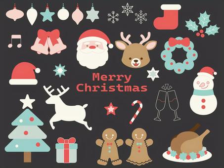 クリスマスセット/パステルカラー サンタ,ツリー,クリスマス,セット,冬,クリスマスリース,クリスマスツリー,雪だるま,サンタさん,サンタクロースのイラスト素材