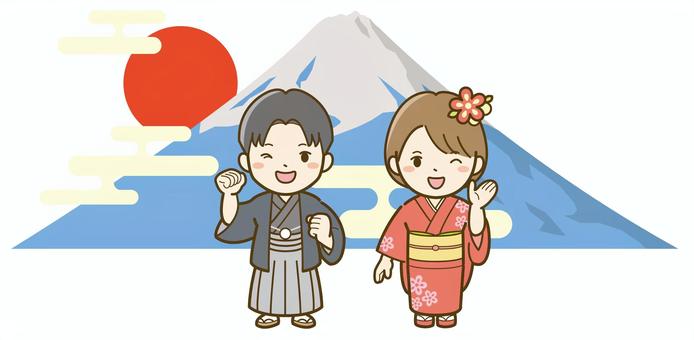着物姿の子供たちと富士山_25 子供,男の子,女の子,子ども,正月,お正月,新年,年賀状,年賀状素材,素材のイラスト素材