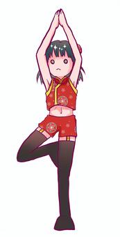 木のポーズ(チャイナ娘/ヨガ) かわいい,お腹,チャイナ服,チャイナ娘,お団子カバー,赤,緑髪,緑目,女の子,ミニキャラのイラスト素材