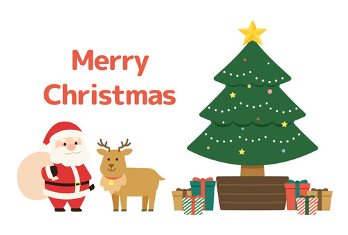 クリスマスカード　背景なし メリークリスマス,ポストカード,グリーディングカード,デザイン,サンタクロース,トナカイ,クリスマスツリー,装飾,星,プレゼントボックスのイラスト素材