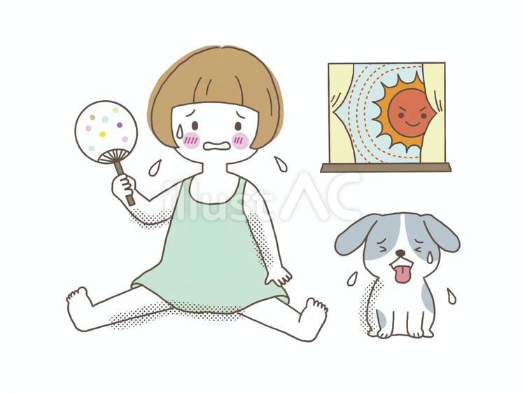夏の暑さで夏バテ気味の女の子と犬 夏ばて,夏バテ,女の子のイラスト素材
