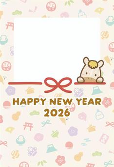 写真年賀状テンプレート馬と和柄と水引03 馬,年賀状,正月,午,2026,午年,お正月,かわいい,手描き,2026年のイラスト素材