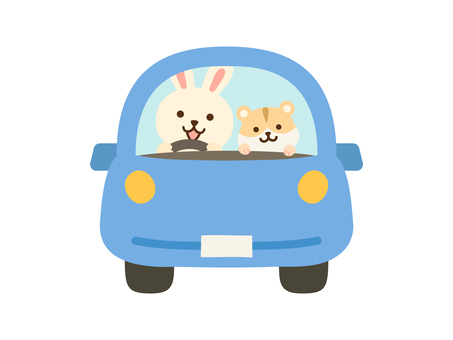 くるま_ウサギハムスター_正面普通車_青 車,動物,ウサギ,ハムスター,運転,乗用車,普通車,軽自動車,自動車,乗り物のイラスト素材