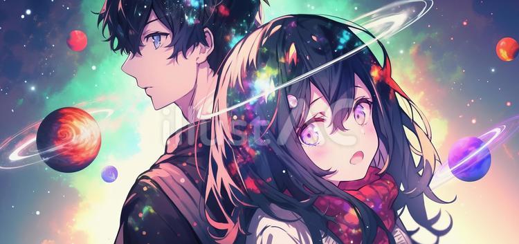 宇宙を想像する男女 男性,女性,男女のイラスト素材