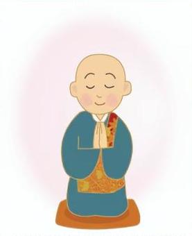 若いお坊さん 僧侶,若者,合掌,正座,袈裟,伝統,祈り,青,金色,座布団のイラスト素材