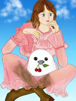 シマエナガと座る女性 シマエナガと座る女性 シマエナガ,女性,ピンク,ブーツ,青空,座位のイラスト素材