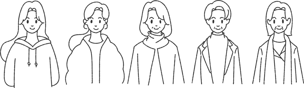 いろいろな女性　冬　年代別　線のみ 人物,女性,笑顔,日本人,上半身,かわいい,ベクター,表情,バリエーション,10代のイラスト素材