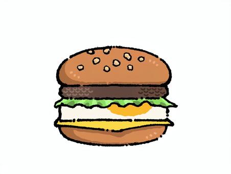 ハンバーガーの手描きイラスト ファストフード,ハンバーガー,エッグ,バーガー,ハンバーガーショップ,パン,バンズ,ハンバーグ,パティ,レタスのイラスト素材