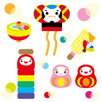 お正月のおもちゃセット 正月,縁起物,だるま,正月素材,ワンポイント,かわいい,羽子板,ファンシー,年賀状素材,だるま落としのイラスト素材