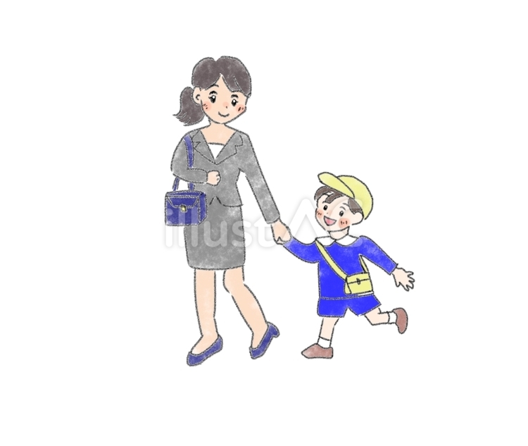 登園する親子（母親と男の子） 親子,母親,子どものイラスト素材