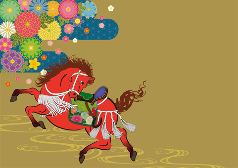 馬イラスト40 馬,赤馬,午,見返り,干支,十二支,筆書き,菊,梅,桔梗のイラスト素材
