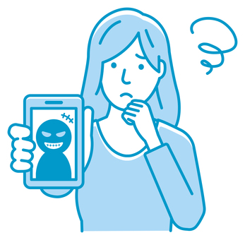 ネット詐欺・ハッキング 困る女性イラスト 詐欺,架空請求,悪人,女性,電話,スマートフォン,困る,人物,手持ち,スマホのイラスト素材