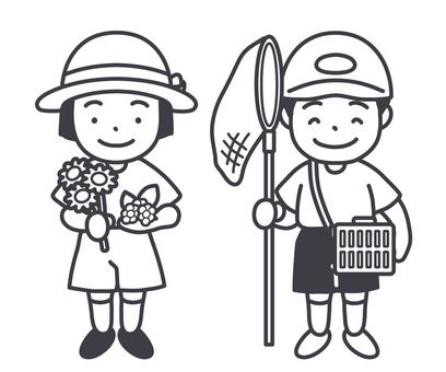 山野で遊ぶ子供　モノクロ 山遊び,子供,夏休み,虫取り,花摘み,花,桑の実,木の実,山野,自然のイラスト素材