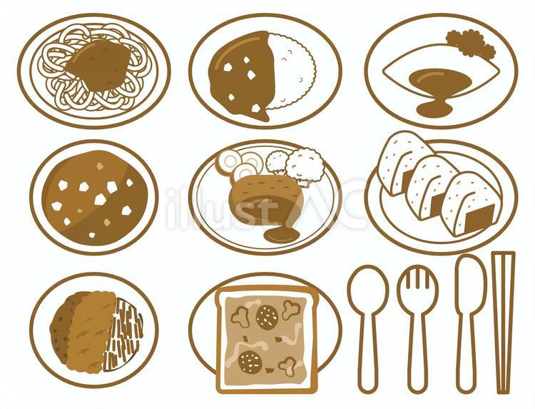 料理8種類とカトラリー-単色セット 料理,カトラリー,ミートソースのイラスト素材