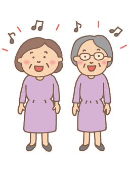 コーラスを楽しむおばちゃん2人 コーラス,合唱,カルチャースクール,お揃い,衣装,ワンピース,音符,笑顔,パープル,歌のイラスト素材