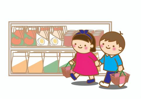 おつかいをする子供達（背景あり） おつかい,買い物,2人,子供,買い出し,店内,店,手繋ぐ,男の子,女の子のイラスト素材