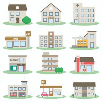 街の建物・施設のアイコンセット1 住宅,家,店舗,商店,病院,コンビニ,学校,駅,交番,マンションのイラスト素材