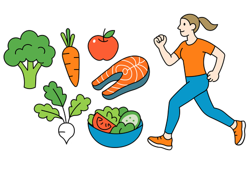 健康的な食事と運動のライフスタイル 健康,運動,野菜,魚,食生活,ウォーキング,栄養,フィットネス,女性,ライフスタイルのイラスト素材