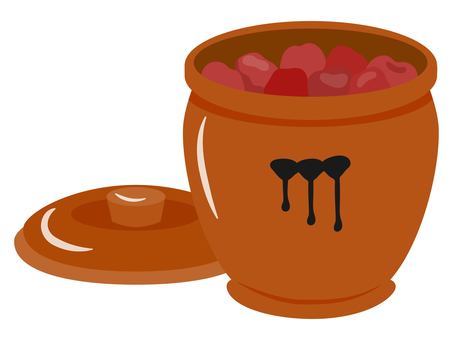 常滑焼の甕に入った梅干し 梅干し,梅,かめ,壺,常滑,常滑焼,陶器,容器,保存食,漬物のイラスト素材