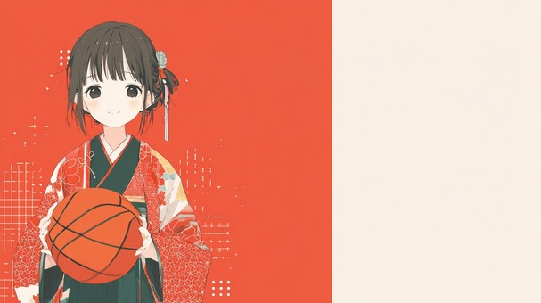 バスケットボールを持つ着物の少女