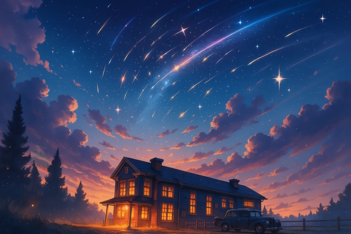 窓に明かりが灯る夕暮れ時の洋館_背景画