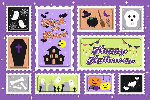 ハロウィン切手風イラストセット ハロウィン,切手,切手風,おばけ,ゴースト,かぼちゃ,ジャックオーランタン,魔女,帽子,コウモリのイラスト素材