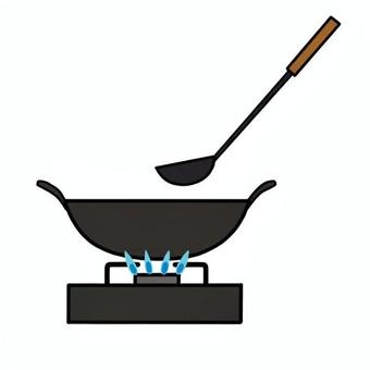 強火で炒めるイメージ（中華鍋） 中華鍋,おたま,鉄勺,コンロ,強火,中華料理,調理,シンプル,手描き,手書きのイラスト素材