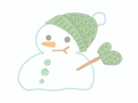 雪だるま（グリーン） 雪だるま,スノーマン,緑色,帽子,手袋,冬,水彩,手描き,かわいいのイラスト素材