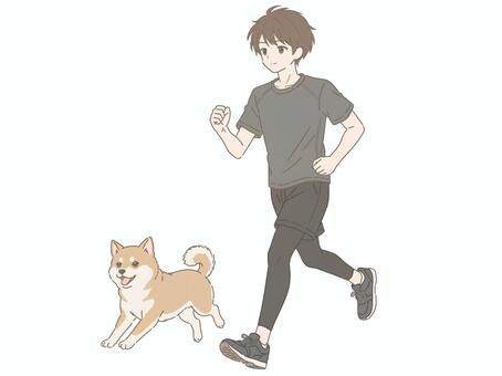 柴犬と一緒にランニングを楽しむ男性 ランニング,ジョギング,運動,健康,スポーツ,トレーニング,フィットネス,走る,ダイエット,男性のイラスト素材