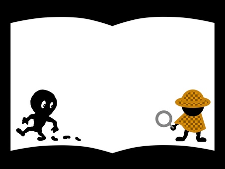 ミステリー小説のフレーム 本,ミステリー,フレーム,犯人,探偵,推理,推測,シルエット,虫眼鏡,足跡のイラスト素材