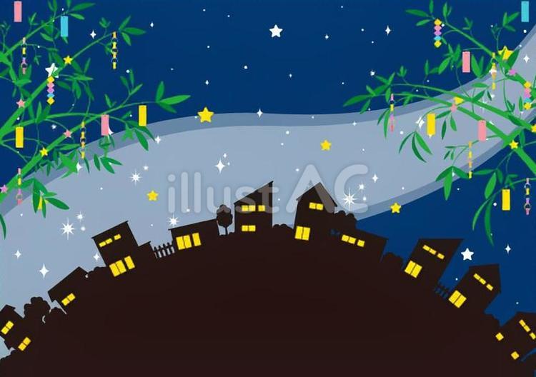 可愛い七夕の短冊と夜の街 七夕,夜空,天の川のイラスト素材