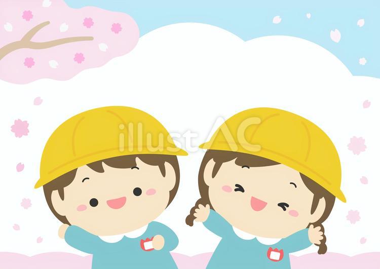 入園式の幼稚園の子どもと春の桜の01 入園,入園式,春のイラスト素材