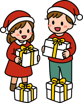 白のプレゼントを貰う男子女子です。 プレゼント,シンプル,ギフト,喜ぶ,受け取り,サプライズ,笑顔,贈り物,手渡し,お祝いのイラスト素材