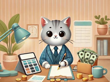 スーツ姿でお金を数える猫