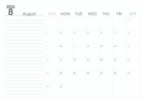 2026年8月カレンダー 2026年8月カレンダー カレンダー,手帳,日付,2026年,8月,デジタルプランナー,トラッカー,a4サイズ,日曜始まり,シンプルのイラスト素材