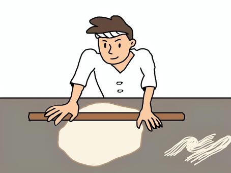 うどんを打つ人 うどん,手打ちうどん,延ばし,打つ,作る,料理,食べ物,職人,はちまき,麺棒のイラスト素材