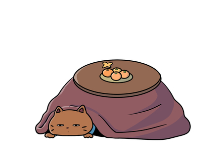 こたつであたたまっている猫のイラスト 炬燵,猫,のんびり,だらける,怠ける,暖かい,ほかほか,ぬくぬく,まったり,休日のイラスト素材
