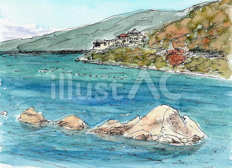 上関の海 風景画,風景,水彩画のイラスト素材