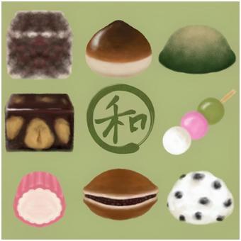 色々な和菓子 和菓子,蓬餅,草餅,栗饅頭,三色団子,豆大福,どら焼き,栗羊羹,すあま,ロゴのイラスト素材