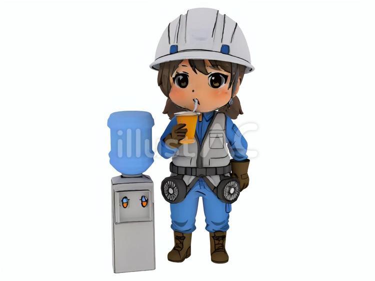 建設工事現場熱中症対策水分補給女性作業員 作業場,ウオーターサーバー,水分補給のイラスト素材