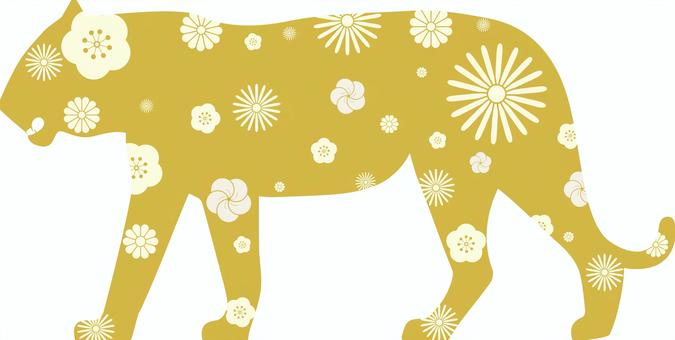 Plum and chrysanthemum floral tiger golden and white silhouette, dora, yin, tiger, JPG, PNG and AI