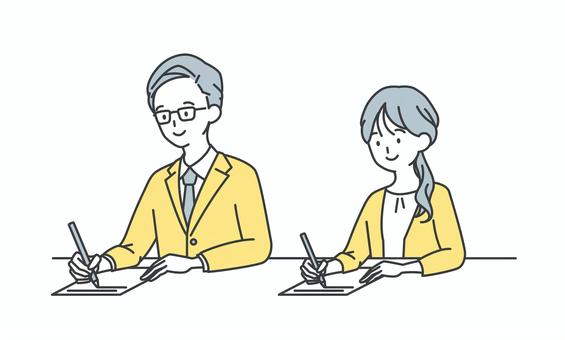 書類を書く男女 人物,男,女,書く,筆記,記入,記録,メモ,執筆,作文のイラスト素材