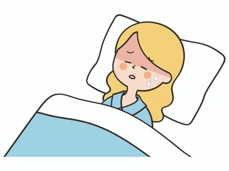 熱が出て休む白人女性 女性,外国人,熱,発熱,風邪,病気,寝込む,寝苦しい,うなされる,苦しいのイラスト素材