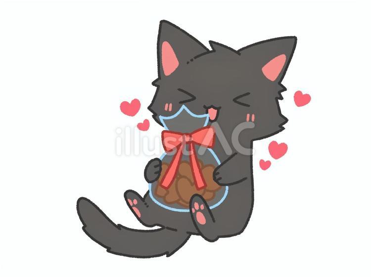 手作りのハート型チョコを抱えた黒猫　差分 猫,仔猫,黒猫のイラスト素材